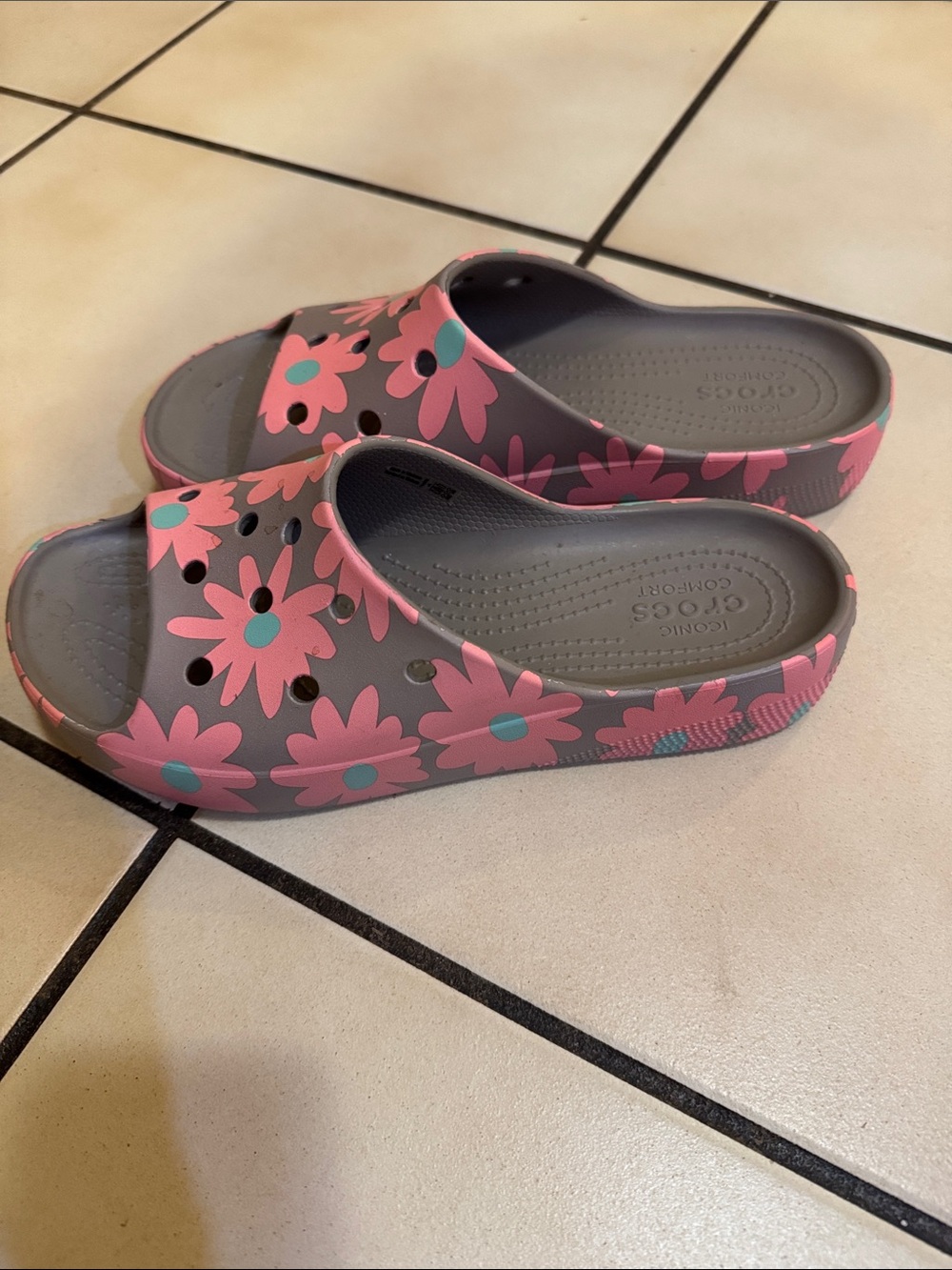 CROCS women’s Gray Slide Sandals with Pink & Teal Flower Print